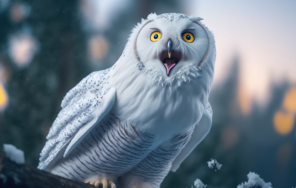 Большая белая сова с открытым клювом