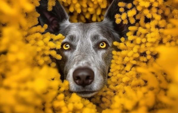 Черная собака в желтых цветах мимозы