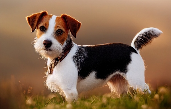 Смешная собака стоит на траве