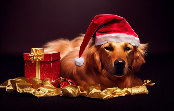Золотистый ретривер в новогодней шапке с подарком