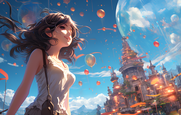 Девушка аниме на фоне замка