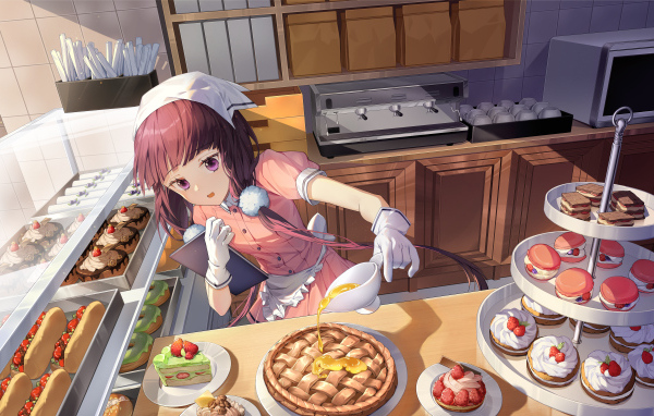 Девушка аниме готовит сладости на кухне