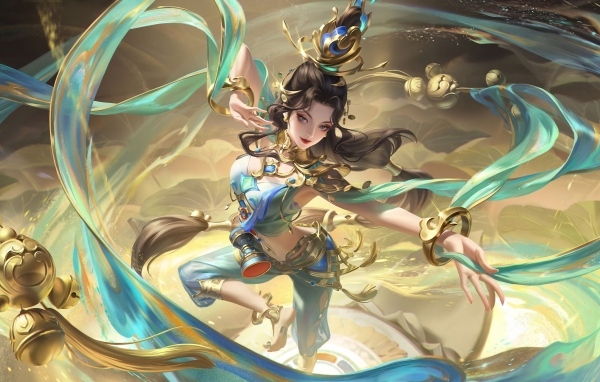 Девушка аниме танцует с голубыми лентами