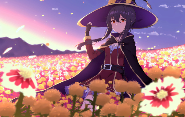 Девушка аниме в костюме на поле с цветами