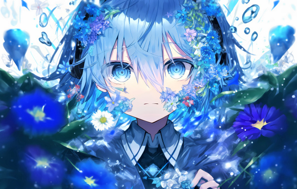 Девушка аниме в синих фантастических цветах
