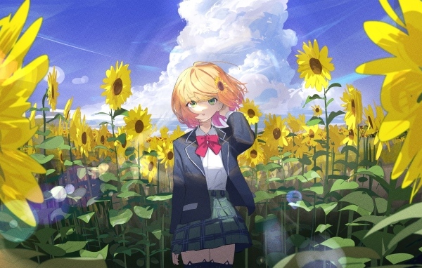 Девушка аниме на поле с подсолнухами