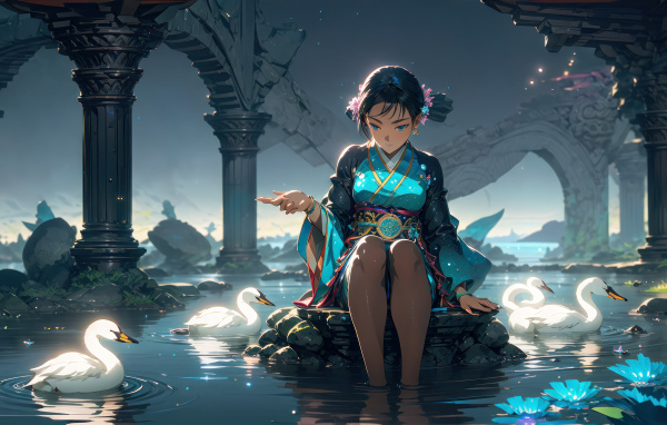 Девушка аниме сидит в пруду с лебедями