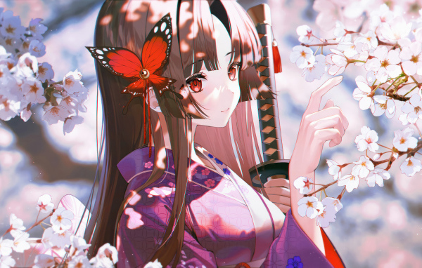 Девушка аниме с бабочкой в волосах