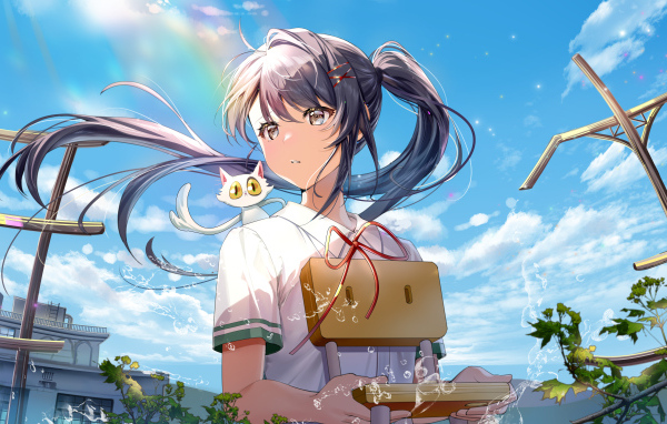 Девушка аниме с котенком на плече