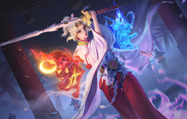 Девушка аниме с мечом в руках убивает дракона