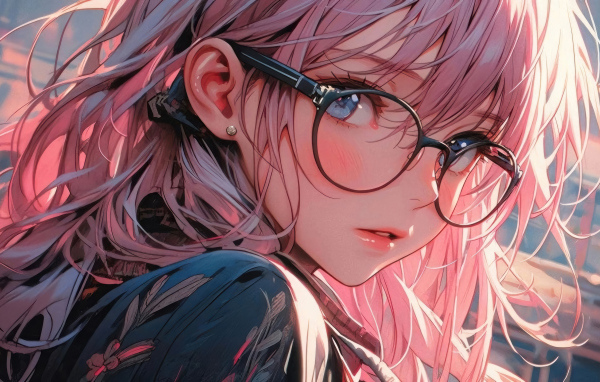 Девушка аниме с розовыми волосами в очках