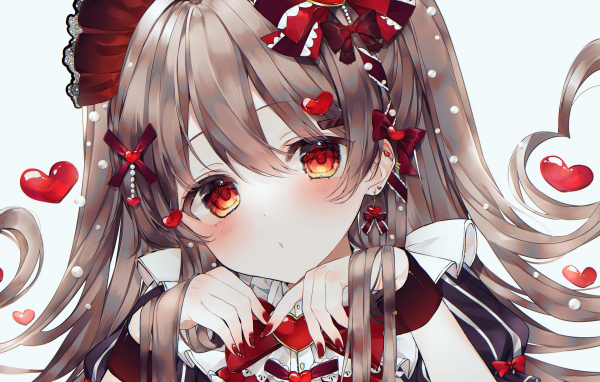 Девушка аниме с красными сердечками