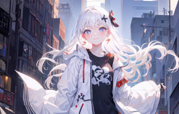 Девушка аниме с белыми волосами в городе