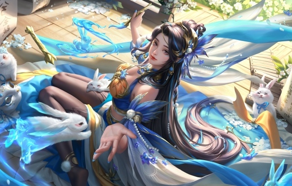 Девушка аниме с белыми кроликами