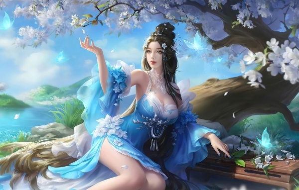 Красивая девушка аниме в платье под волшебным деревом