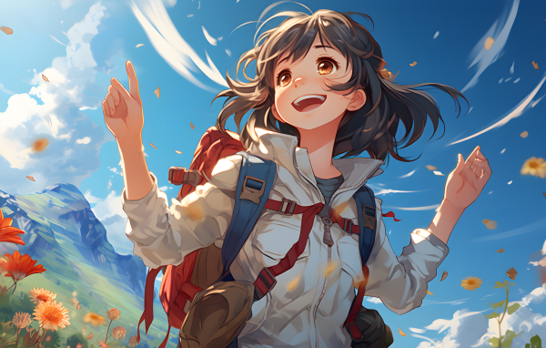 Веселая девушка аниме с рюкзаком за спиной
