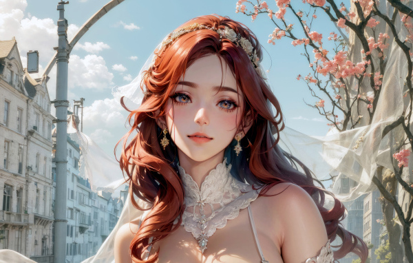 Рыжеволосая девушка аниме в свадебном платье