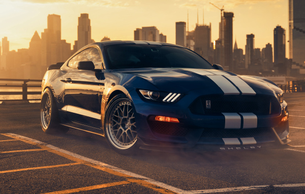 Автомобиль форд мустанг Shelby GT350 на фоне города