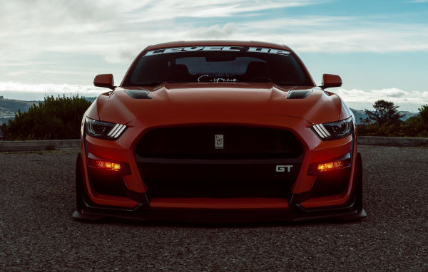 Красный спорткар Ford Shelby GT500 вид спереди