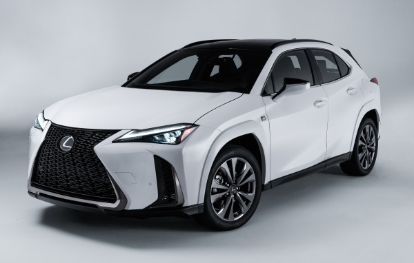 Белый автомобиль Lexus UX 250h AWD F SPORT, 2023 года на сером фоне