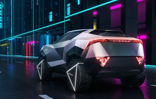 Вид сзади на футуристический автомобиль Nissan Hyper Punk