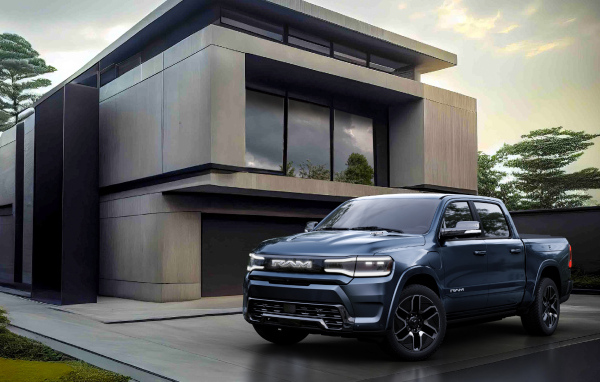 Серебристый пикап Ram 1500 REV 2025 у дома