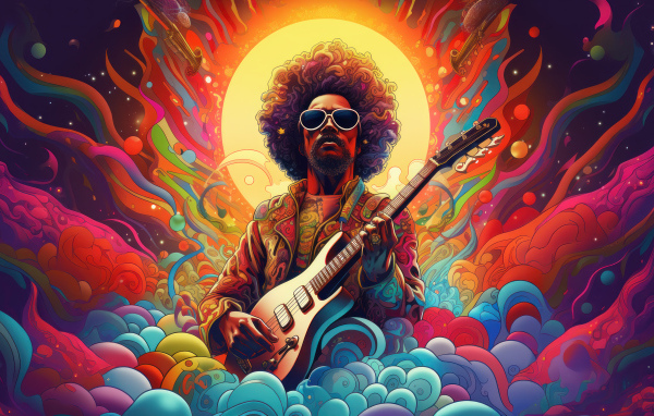 Нарисованный мужчина гитарист на разноцветном фоне
