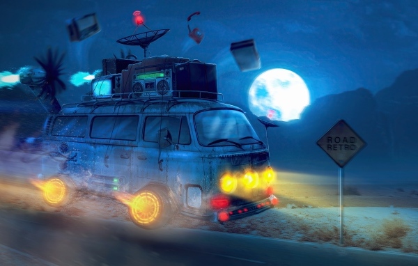 Нарисованный ретро автомобиль на дороге ночью