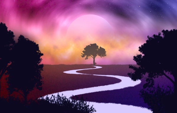 Нарисованная белая река на фоне луны