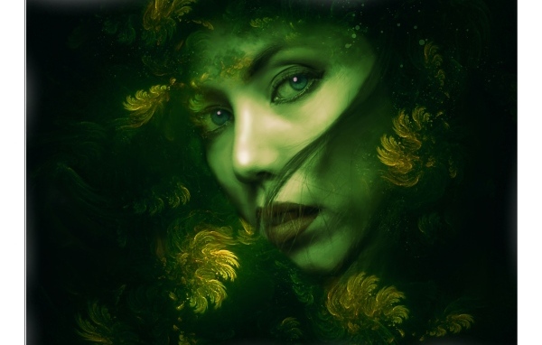 Нарисованная красивая девушка на зеленом фоне