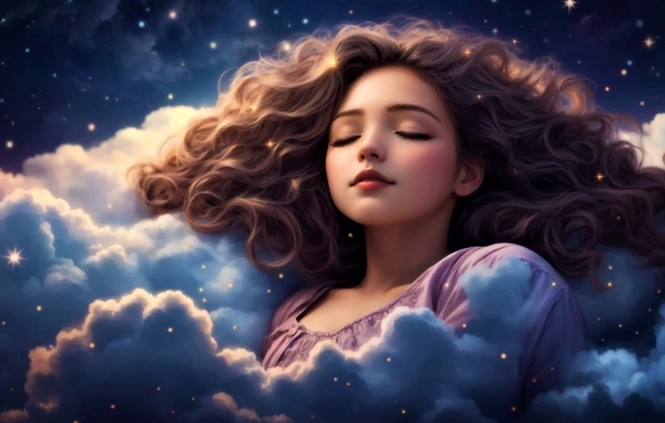 Нарисованная девушка спит в белых облаках