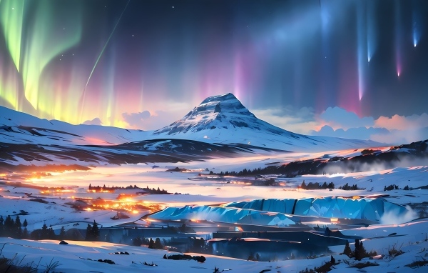 Нарисованная гора с полярным сиянием