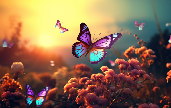 Красивые фантастические бабочки летают над цветами
