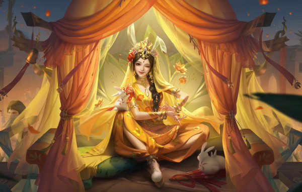 Фантастическая девушка азиатка сидит в шатре