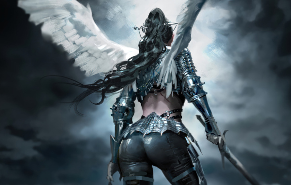 Фантастическая девушка ангел с оружием