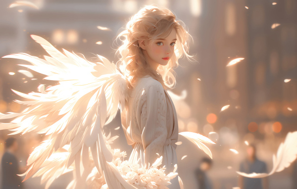 Фантастическая девушка ангел с белыми крыльями