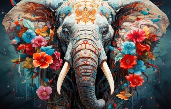 Фантастический слон украшен цветами
