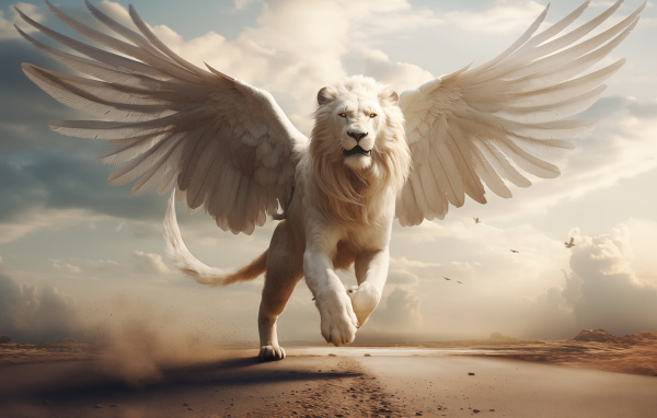 Фантастический лев с белыми крыльями