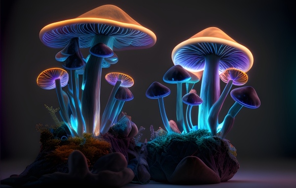 Фантастические неоновые грибы на сером фоне