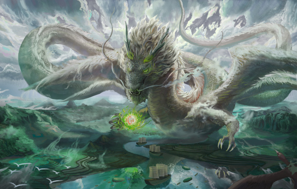 Фантастический дракон над рекой