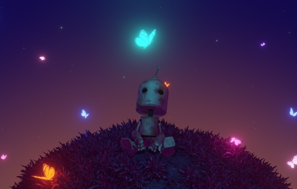 Маленький робот с неоновыми бабочками
