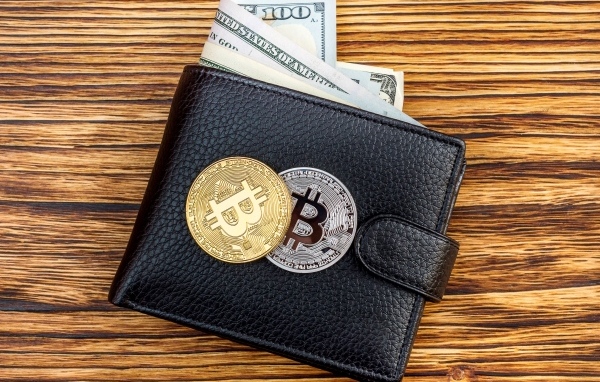 Черный кожаный кошелек с долларами и монетами биткоин