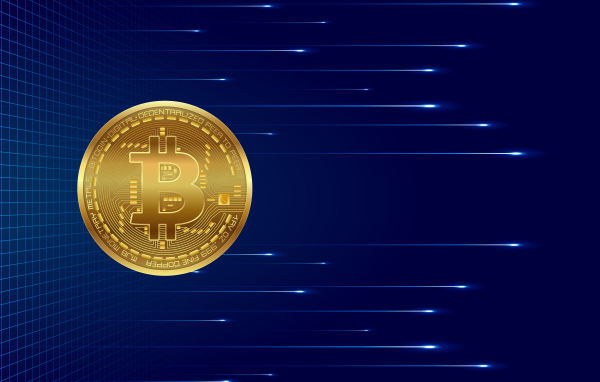 Золотая монета биткоин на синем фоне с яркими линиями