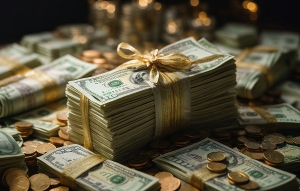Пачки долларов с монетами перевязаны бантом