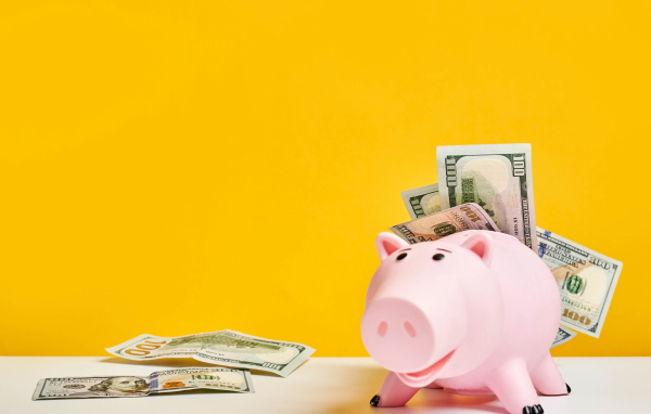 Pink pig piggy bank with banknotes on a yellow background