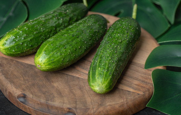 Свежие зеленые огурцы на деревянной доске