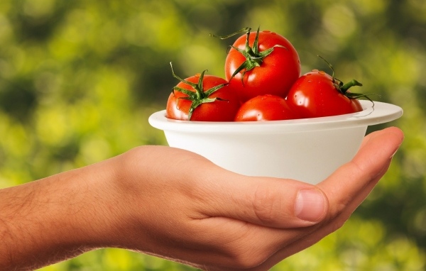 Спелые томаты в белой тарелке на руке