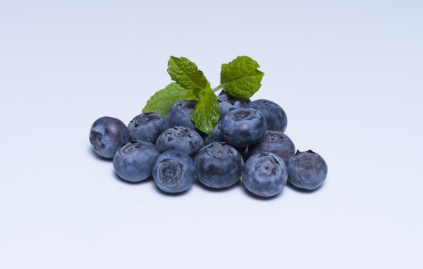 Горсть ягод черники на сером фоне