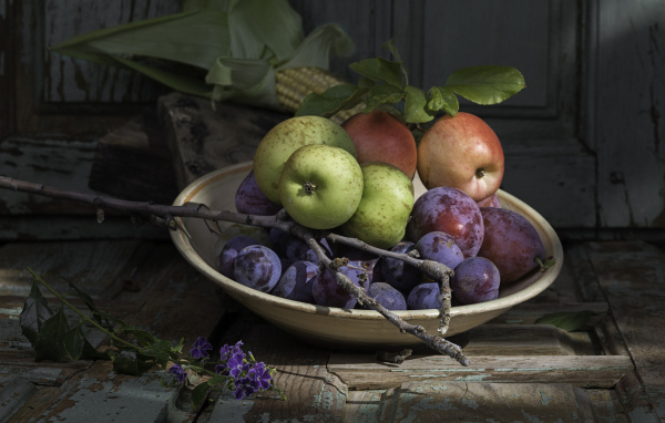 Спелые сливы на тарелке с яблоками