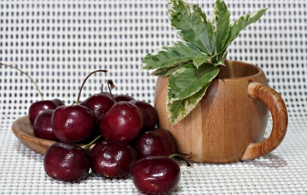 Спелые красные черешни на столе с цветком